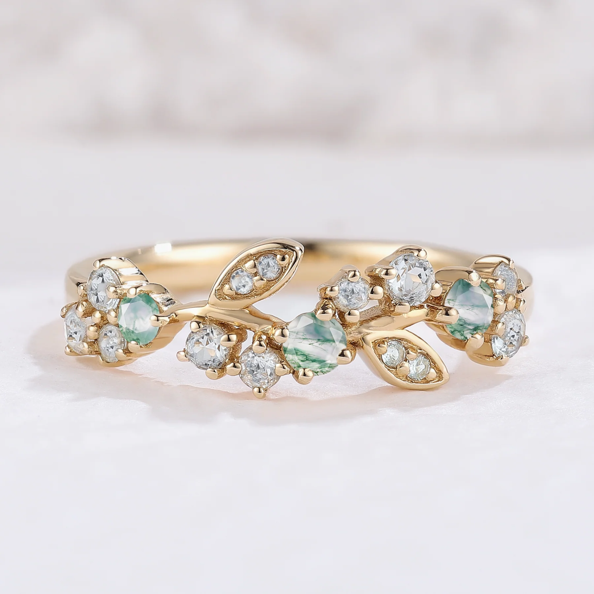 14K Gold Moissanite & Moss Agate Leaves Ring-1