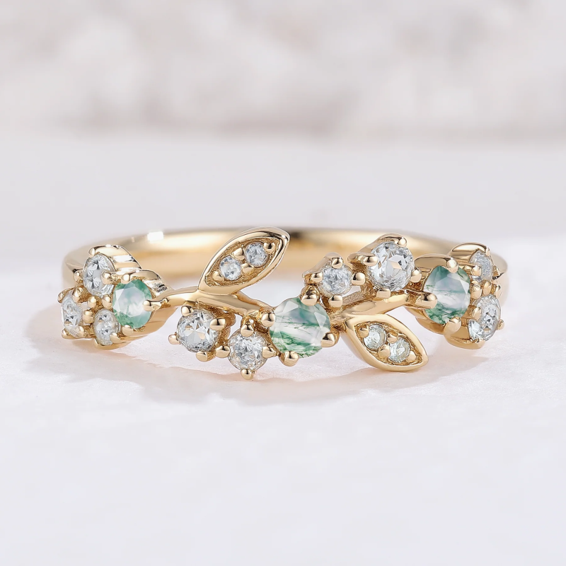 Sterling Silver with Yellow Gold Plated Moissanite & Moss Agate Leaves Ring-6