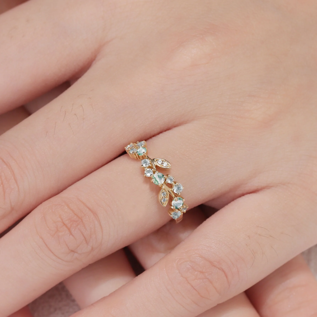 14K Gold Moissanite & Moss Agate Leaves Ring-2