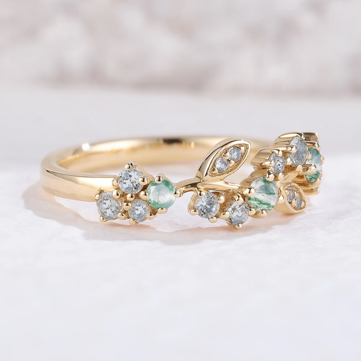 14K Gold Moissanite & Moss Agate Leaves Ring-3