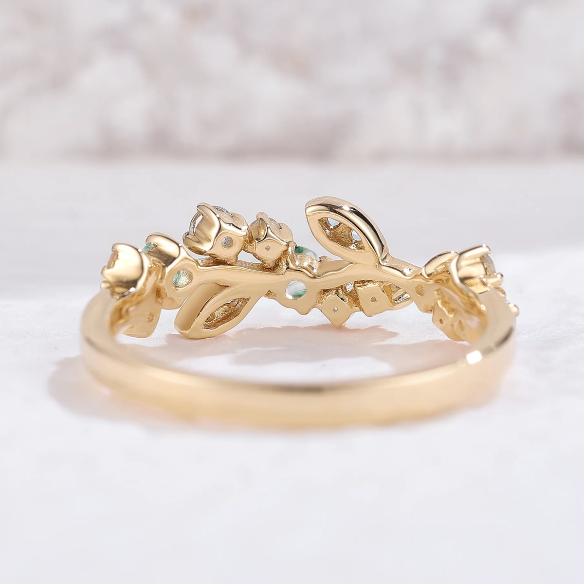 14K Gold Moissanite & Moss Agate Leaves Ring-4