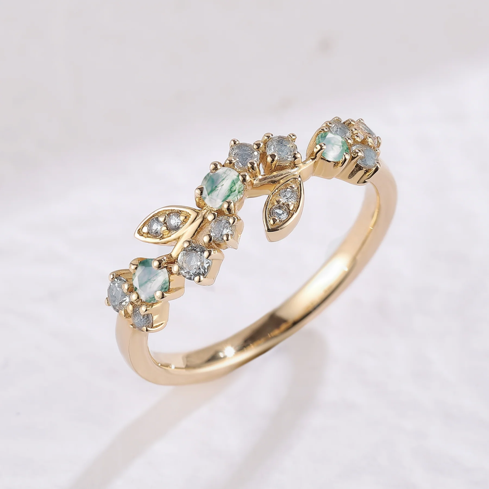 Sterling Silver with Yellow Gold Plated Moissanite & Moss Agate Leaves Ring-5