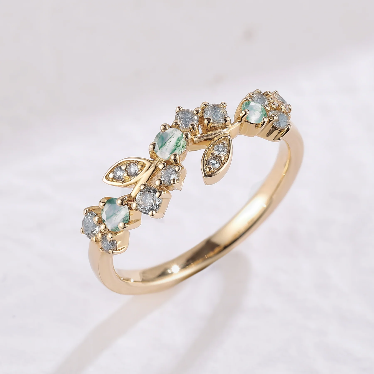 14K Gold Moissanite & Moss Agate Leaves Ring-5