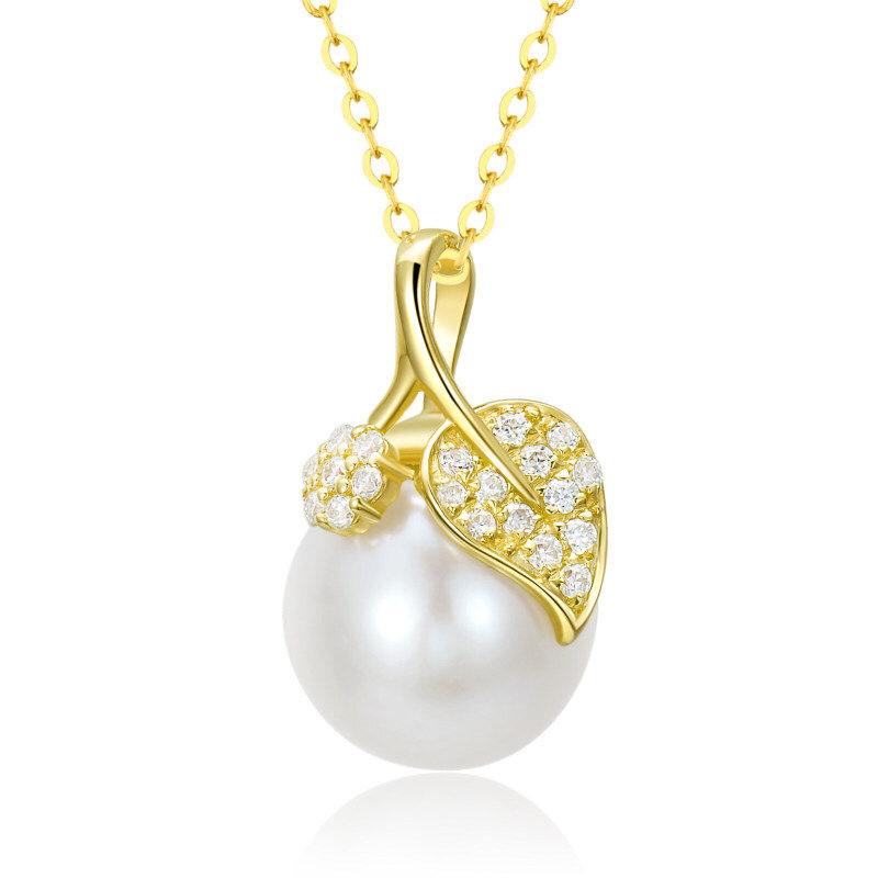 Halskette mit Blätteranhänger aus 10-karätigem Gold, Moissanit und Perle-1