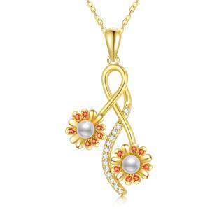 10K Gold Moissanite & Pearl Sunflower Pendant Necklace-44