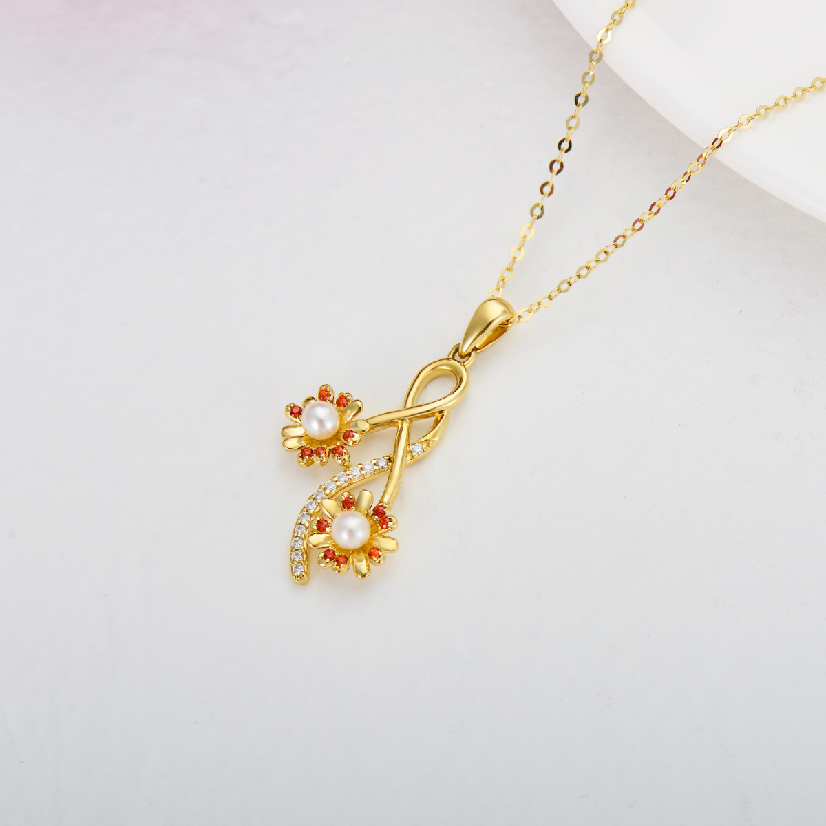 14K Gold Moissanit & Perle Sonnenblumen-Anhänger Halskette-3