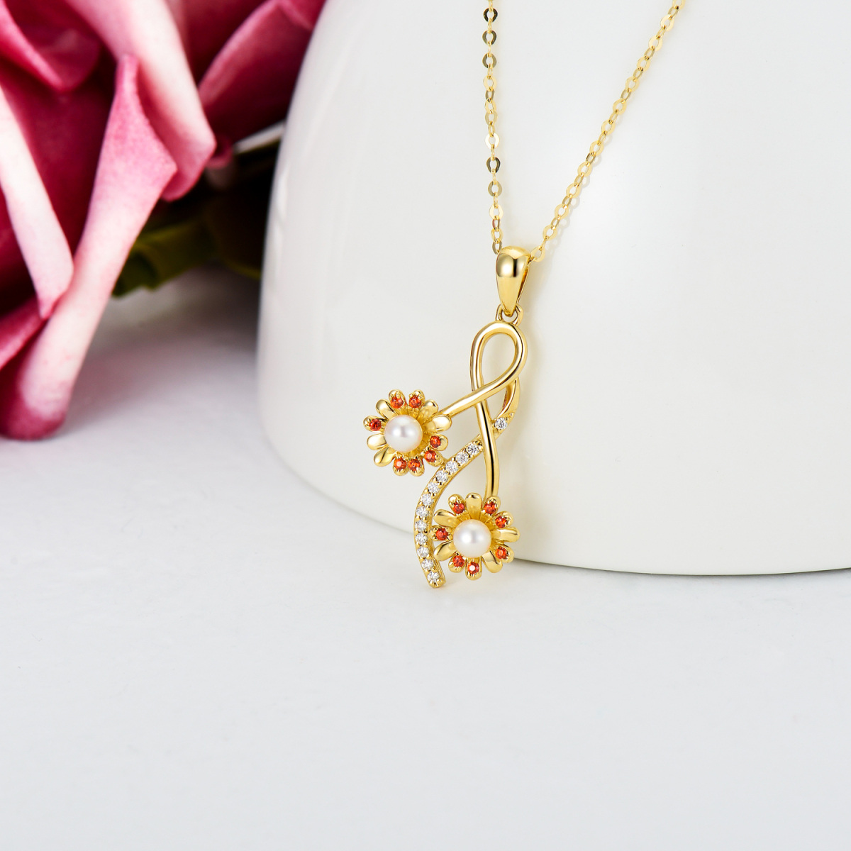 14K Gold Moissanite & Pearl Sunflower Pendant Necklace-4