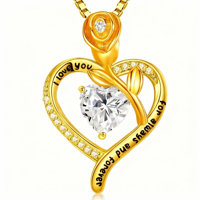 Halskette aus 18-karätigem Gold mit Zirkonia, Moissanit und personalisierter Gravur: Rosen- und Herzanhänger-1