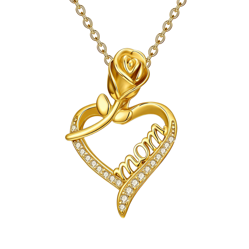 Collar con colgante de rosa y corazón de moissanita en oro de 10 quilates-1