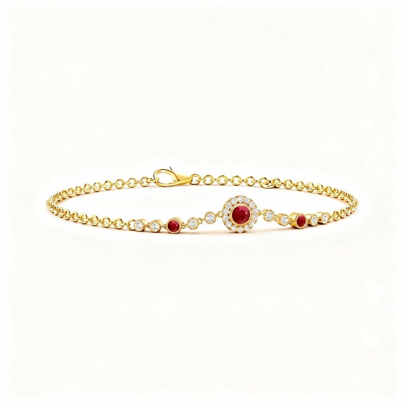 10K Gold Moissanite & Ruby Grandmother & Mother & Sisters & Round Charm Bracelet-1