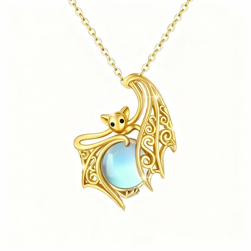 Colar com pendente de morcego em pedra da lua e ouro 14K-1