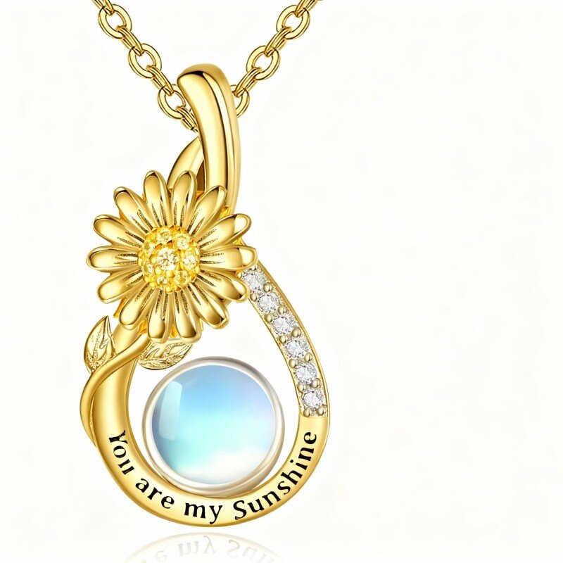 18K Gold Cubic Zirconia & Moonstone Daisy Pendant Necklace-1