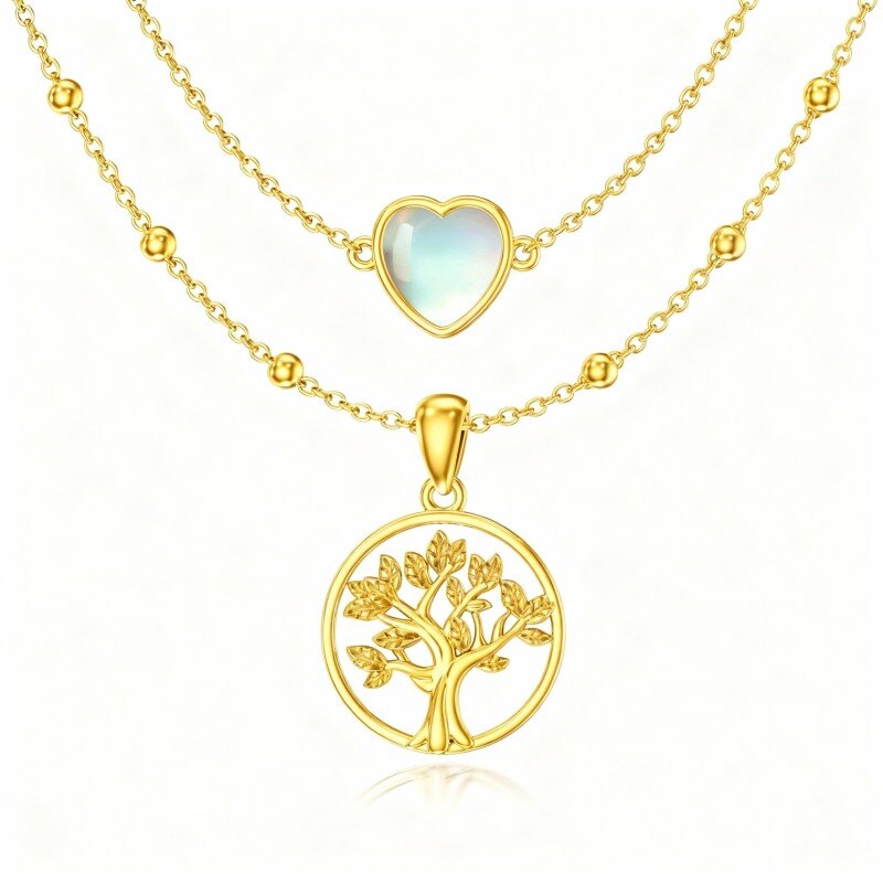 Collier à plusieurs rangs en or 10 carats avec pierre de lune, arbre de vie et cœur-1