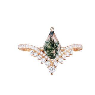 10K Gold Kite Cut Green Moss Agate Engagement Ring Crown Bridal Wedding Cluster Ring-51