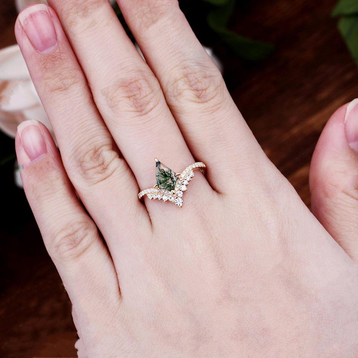 10K Gold Kite Cut Green Moss Agate Engagement Ring Crown Bridal Wedding Cluster Ring-2