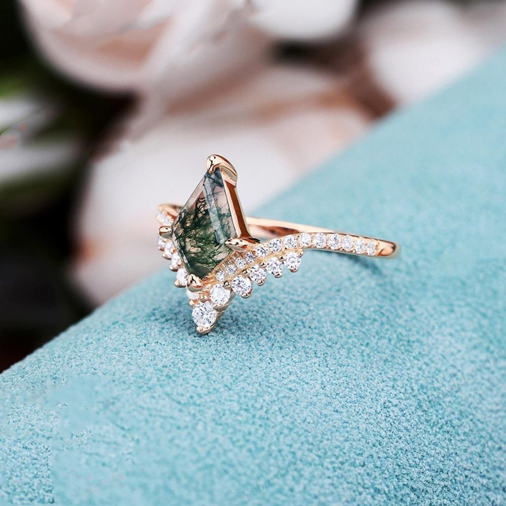 14K Rose Gold Kite Cut Green Moss Agate Engagement Ring Crown Bridal Wedding Cluster Ring-3