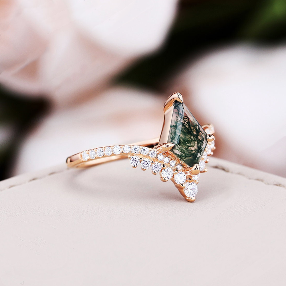14K Rose Gold Kite Cut Green Moss Agate Engagement Ring Crown Bridal Wedding Cluster Ring-4