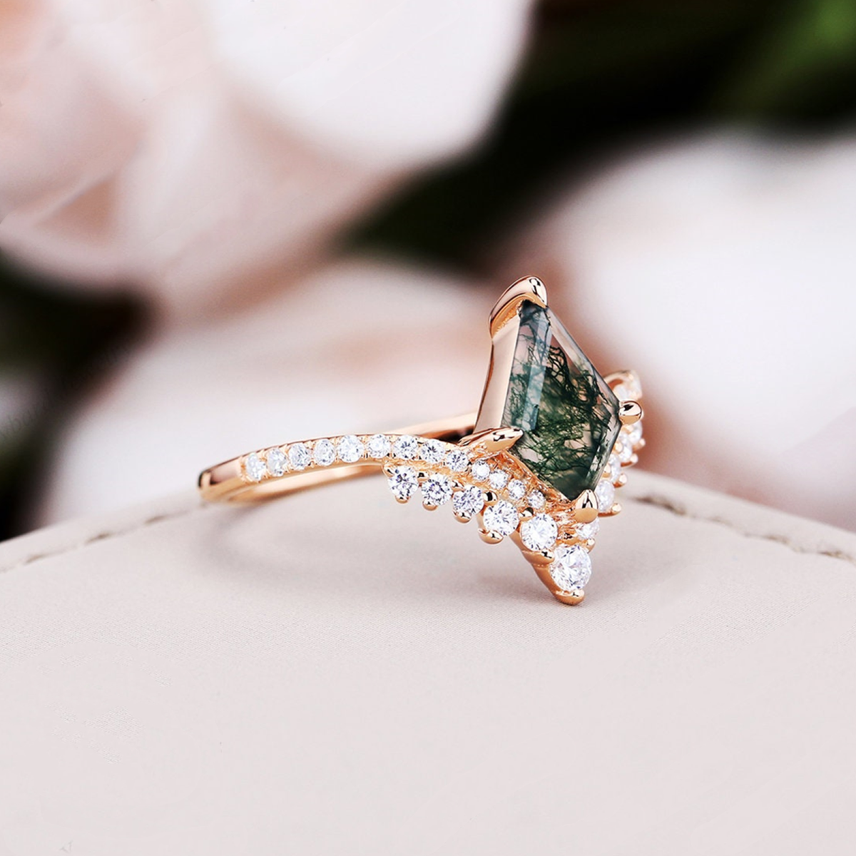 10K Gold Kite Cut Green Moss Agate Engagement Ring Crown Bridal Wedding Cluster Ring-4