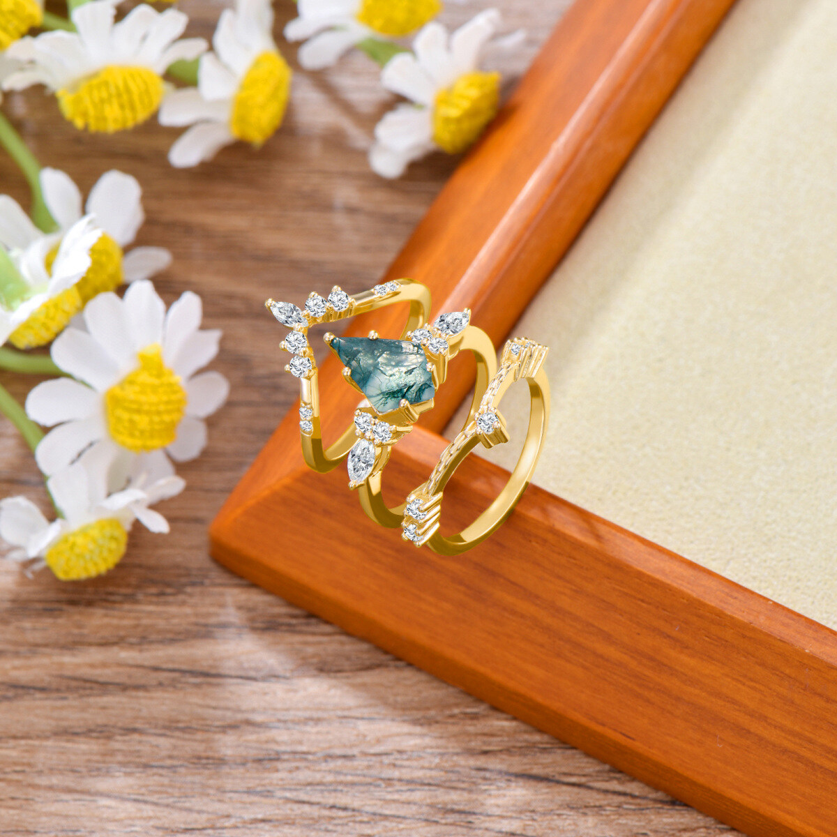 10K Gold Moss Agate Stackable Ring-3