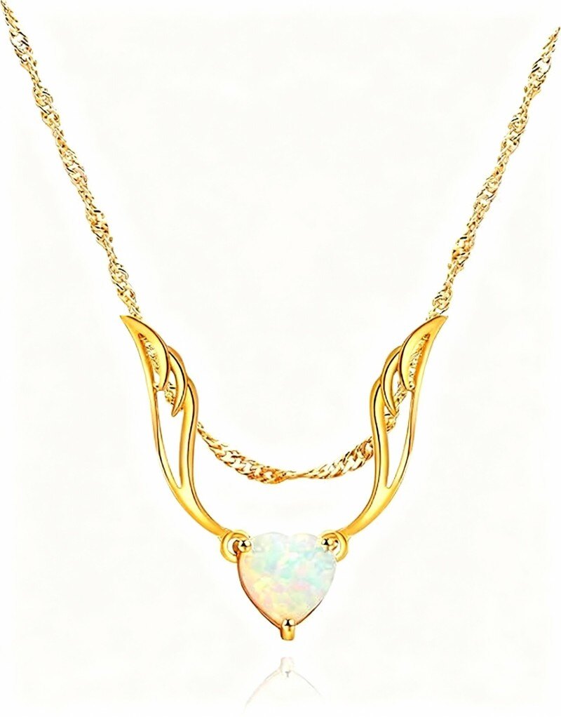 10K Gold Opal Angel & Angel Wing Pendant Necklace-1