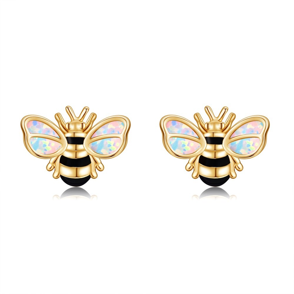 10K Gold Opal Bee Stud Earrings-1