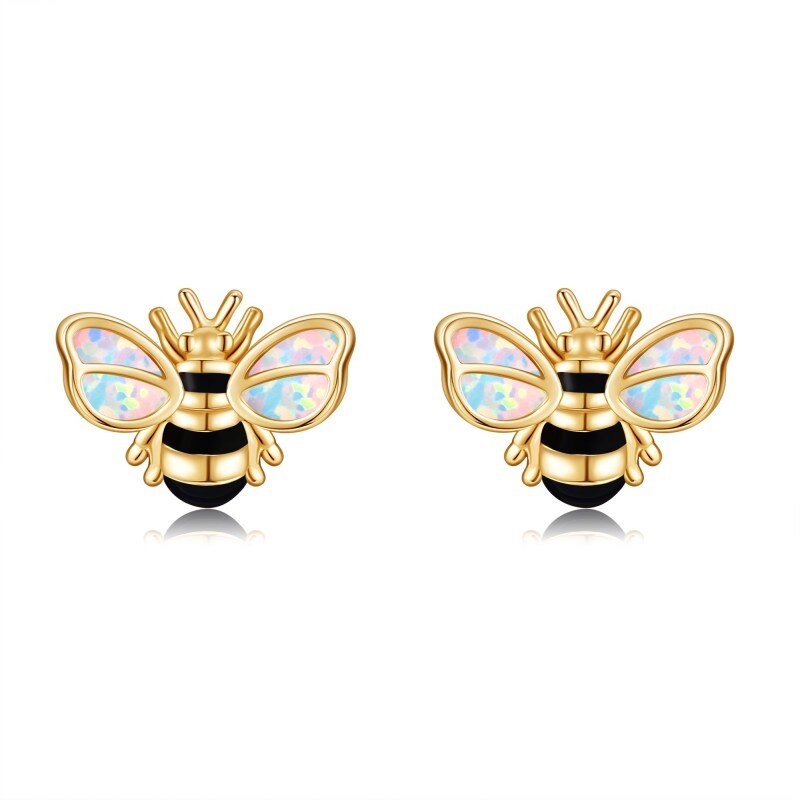 10K Gold Opal Bee Stud Earrings-4
