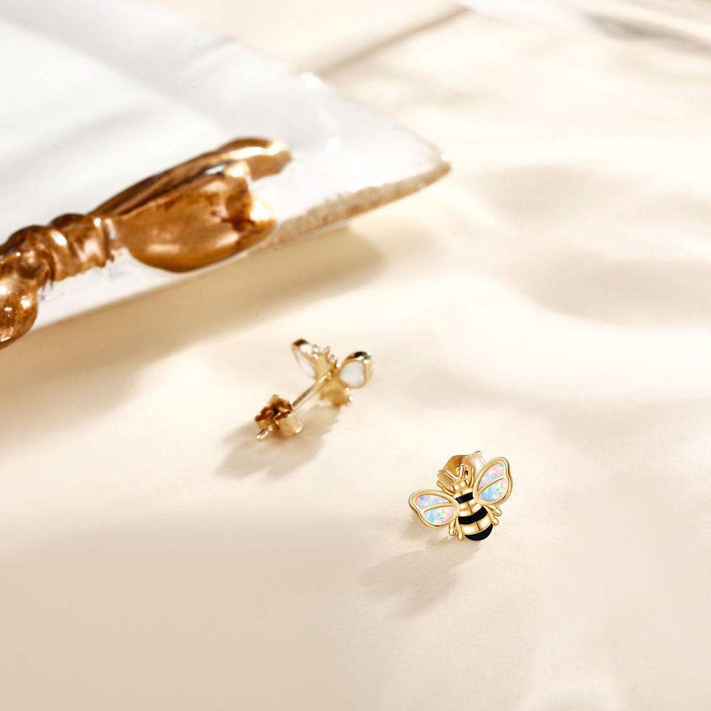10K Gold Opal Bee Stud Earrings-3