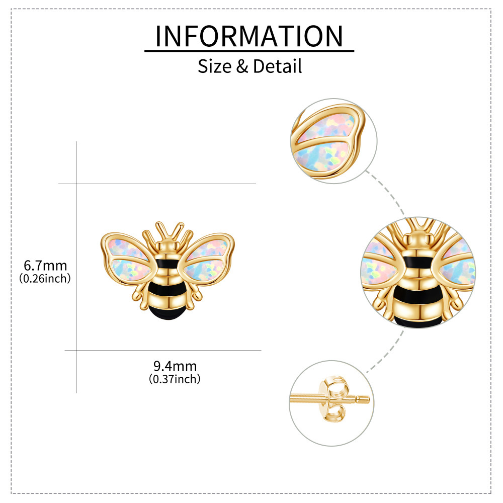10K Gold Opal Bee Stud Earrings-4