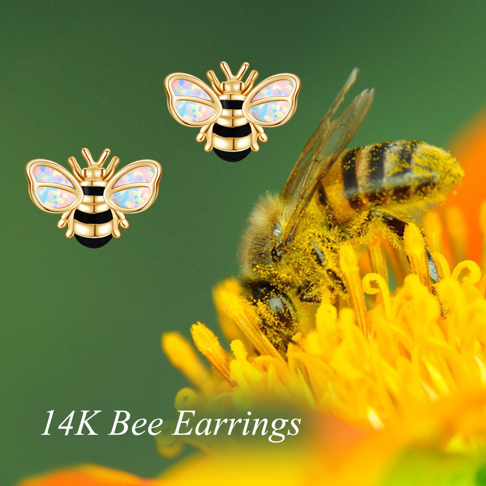 10K Gold Opal Bee Stud Earrings-5