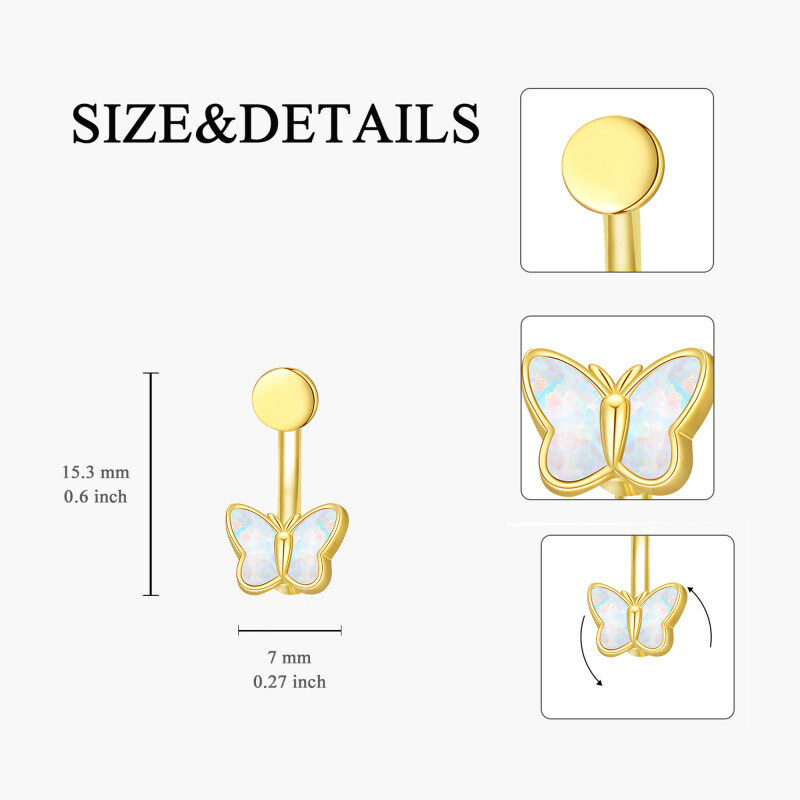Piercing para el ombligo con forma de mariposa de ópalo chapado en oro amarillo-5