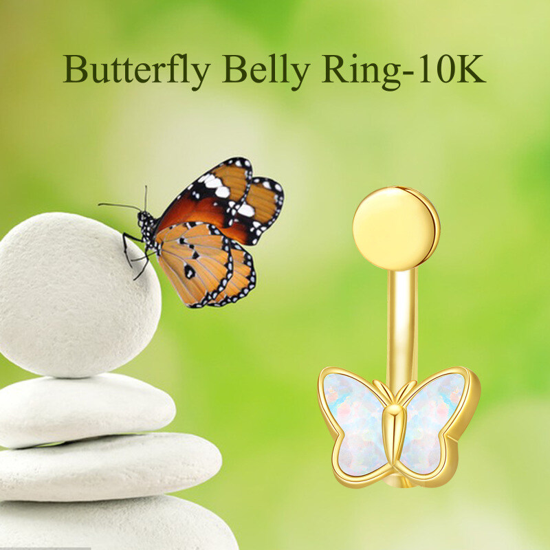 Piercing para el ombligo con forma de mariposa de ópalo chapado en oro amarillo-6