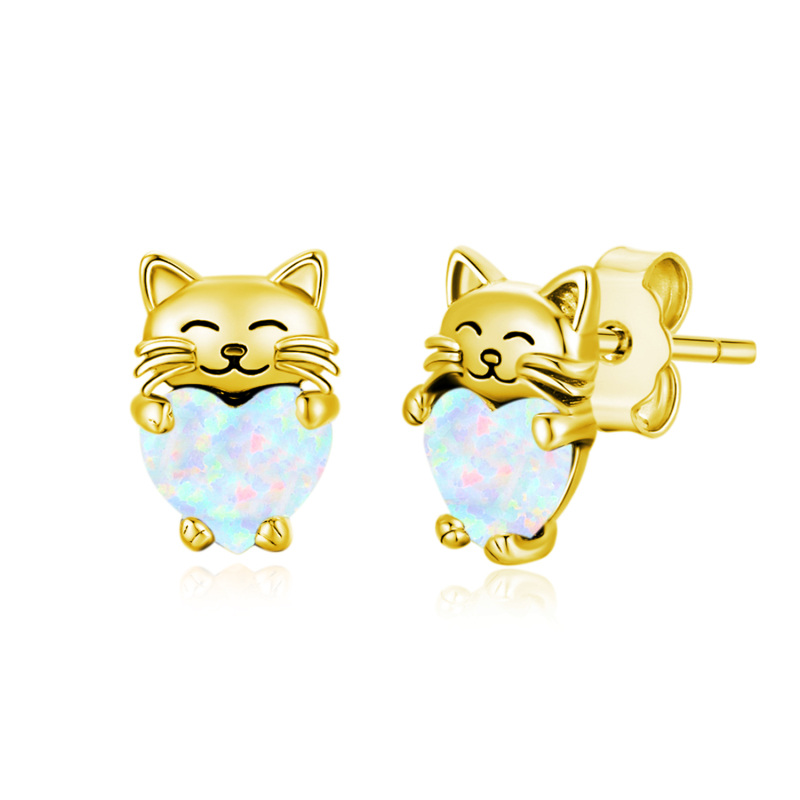 9K White Gold Opal Cat Stud Earrings-2