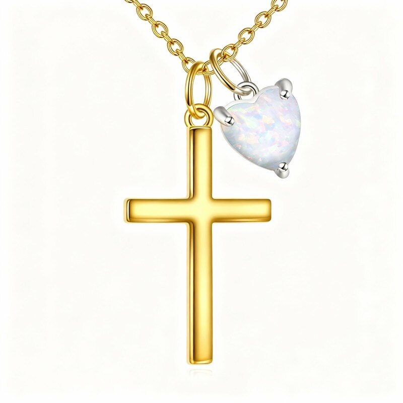 Collier pendentif croix et cœur en or 14 carats et opale-1