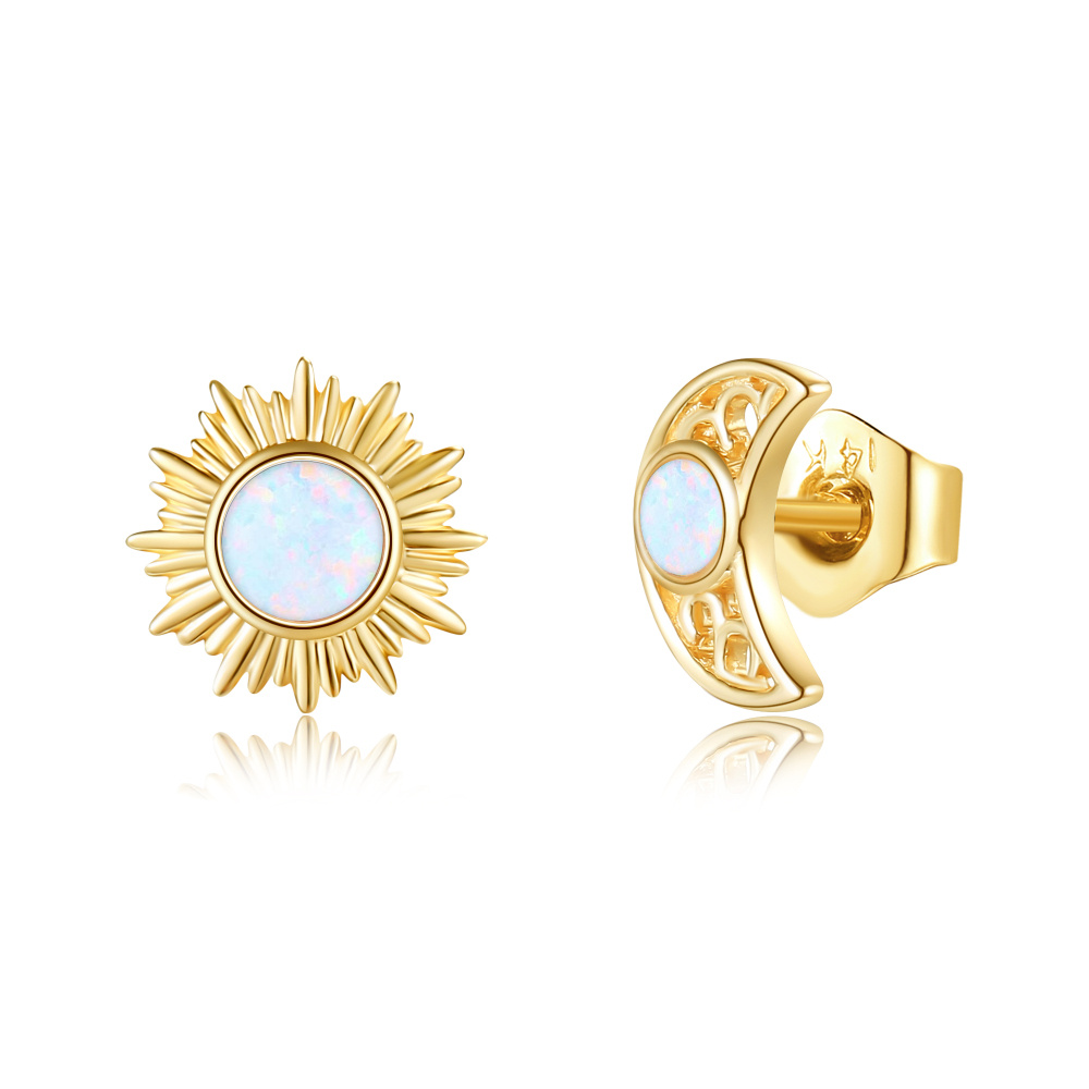 10K Gold Opal Moon & Sun Stud Earrings-1