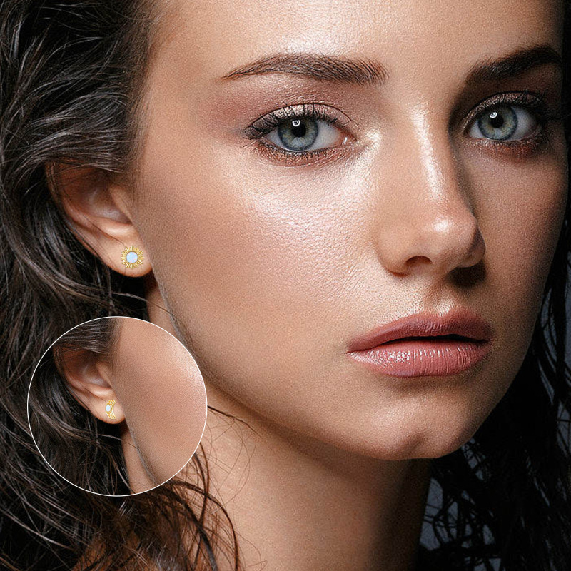 Brincos de pino de opala de ouro 10K com lua e sol-2