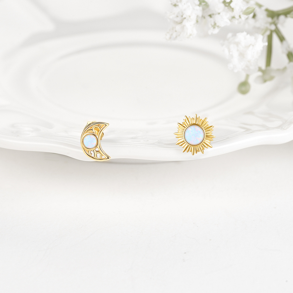 10K Gold Opal Moon & Sun Stud Earrings-3