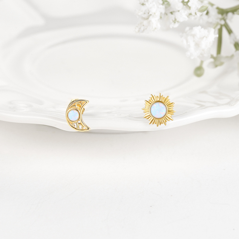 Brincos de pino de opala de ouro 10K com lua e sol-3