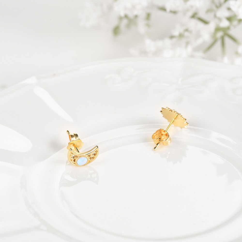 10K Gold Opal Moon & Sun Stud Earrings-4