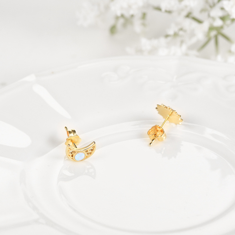 Brincos de pino de opala de ouro 10K com lua e sol-4