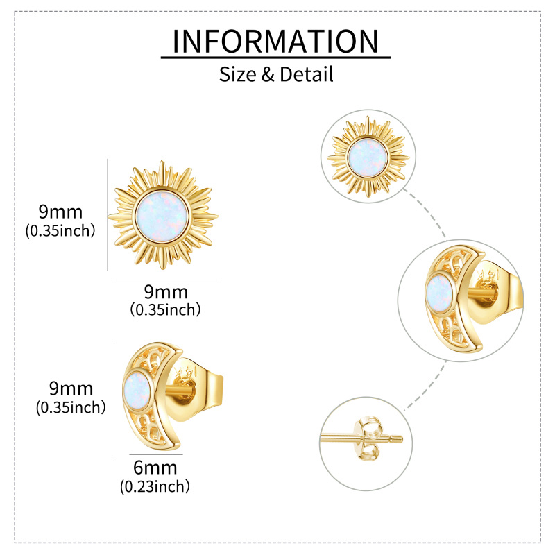 Brincos de pino de opala de ouro 10K com lua e sol-5