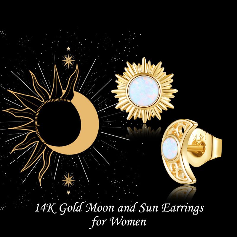 Brincos de pino de opala de ouro 10K com lua e sol-6