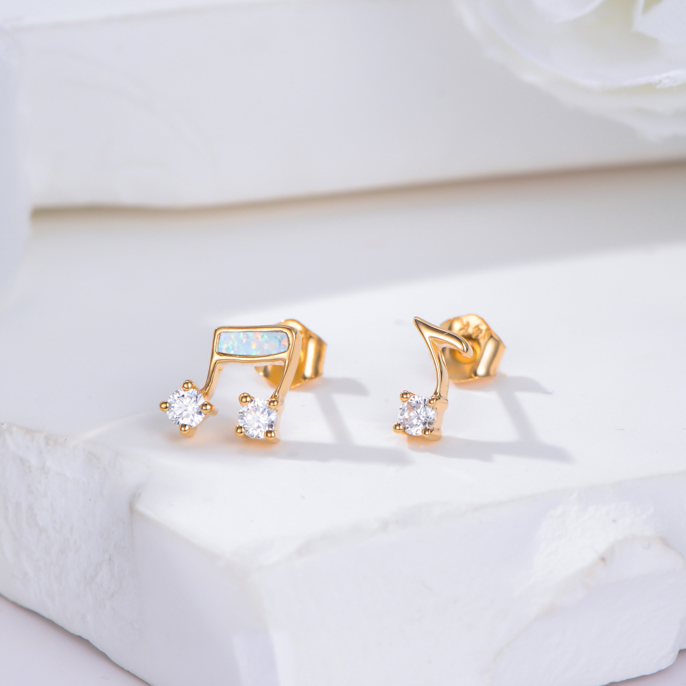 10K Gold Cubic Zirconia & Opal Music Symbol Stud Earrings-3