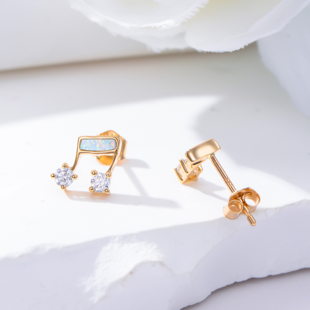 10K Gold Cubic Zirconia & Opal Music Symbol Stud Earrings-4