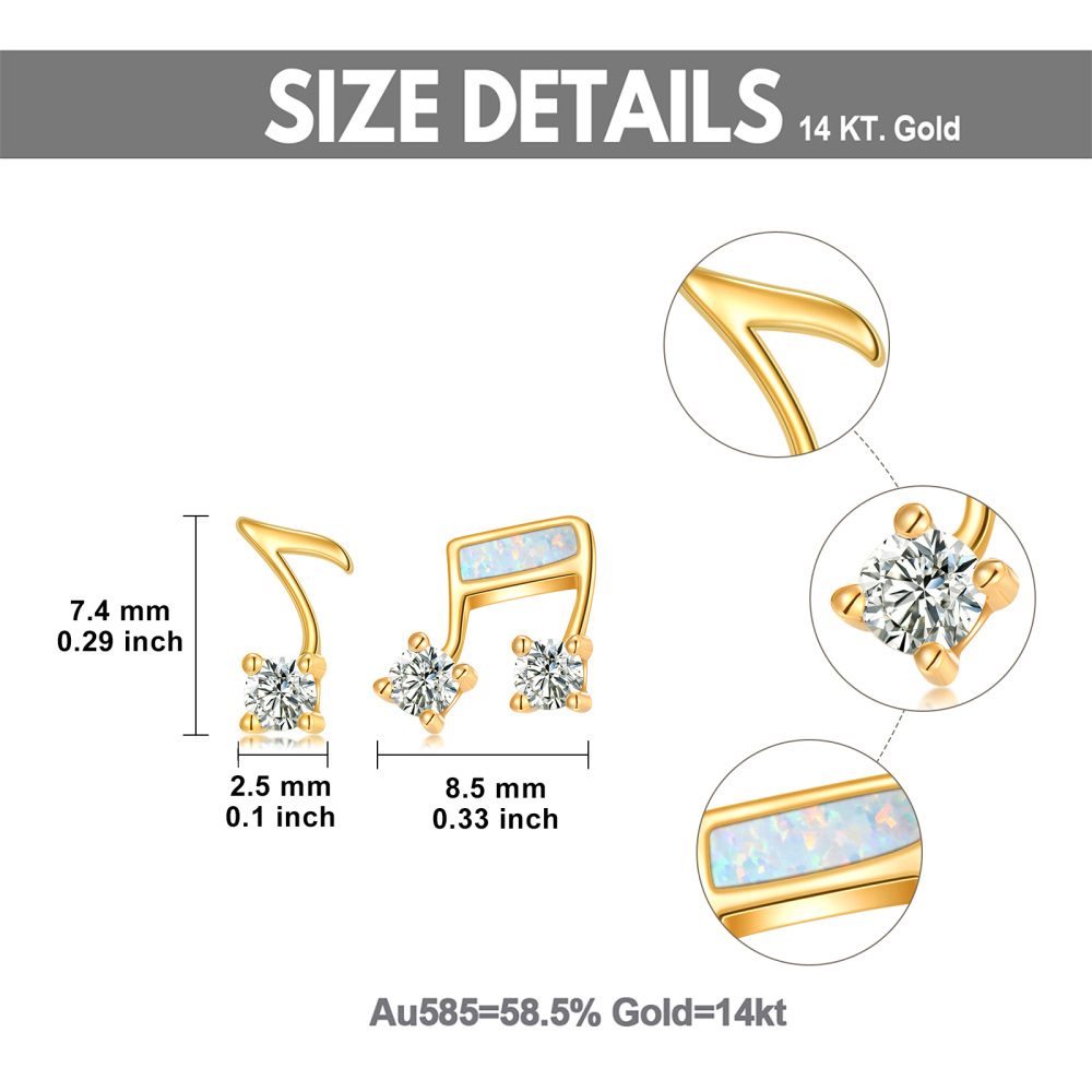 10K Gold Cubic Zirconia & Opal Music Symbol Stud Earrings-5