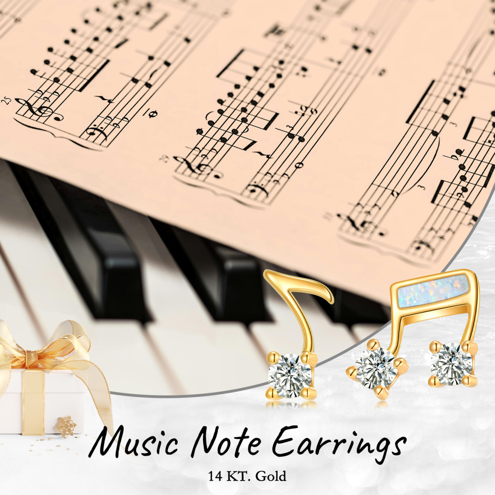 10K Gold Cubic Zirconia & Opal Music Symbol Stud Earrings-6