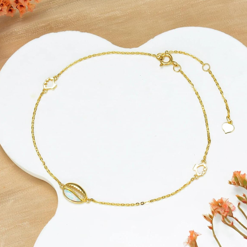 Tornozeleira feminina com pingente de camada única de concha de opala vermeil dourada-3