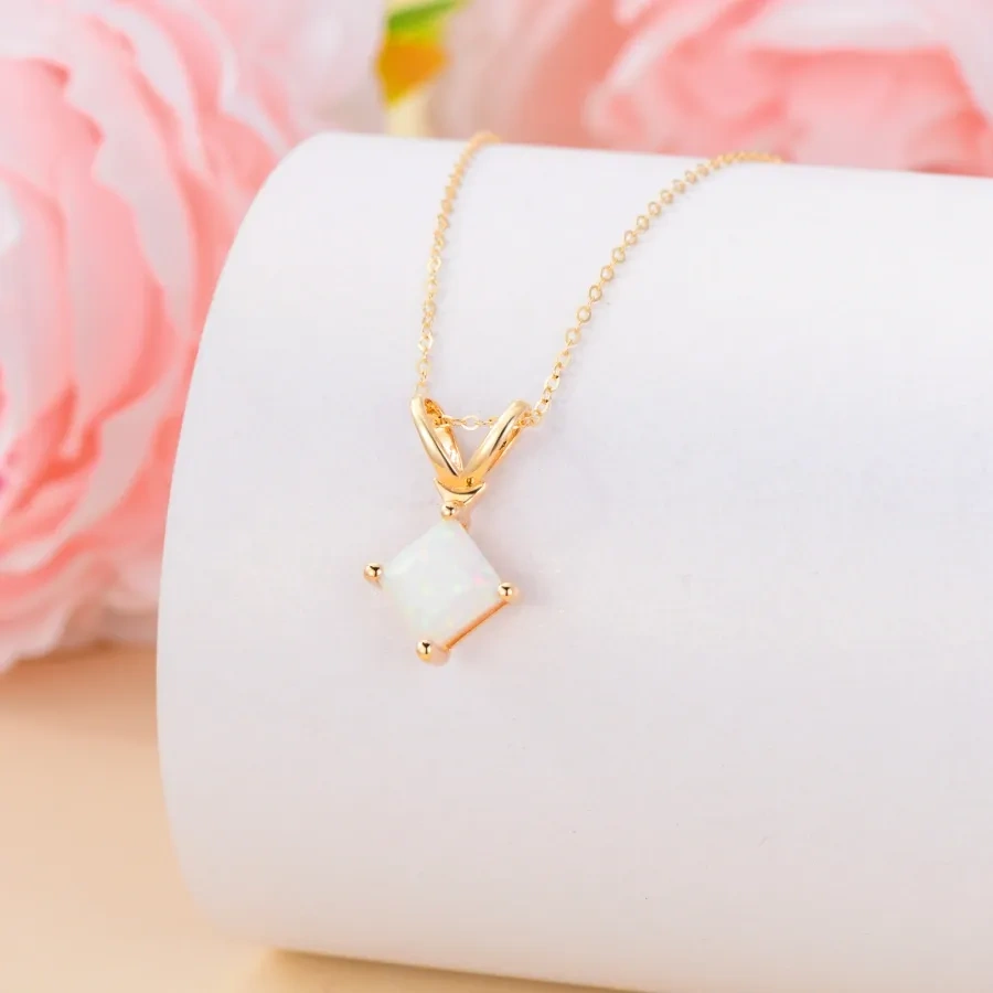 10K Gold Opal Square Pendant Necklace-3