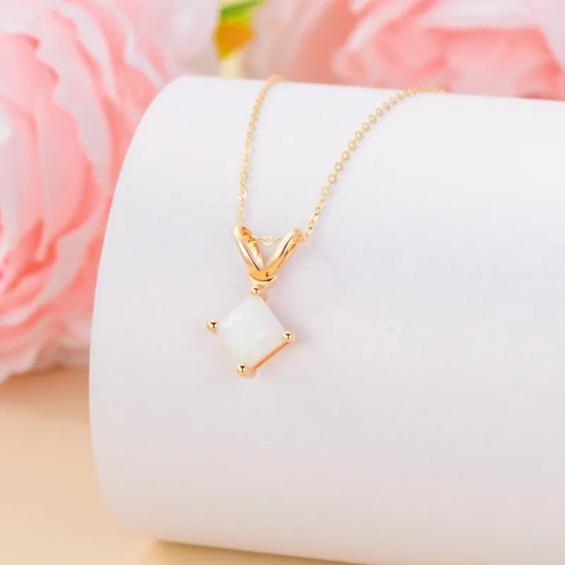 10K Gold Opal Square Pendant Necklace-3