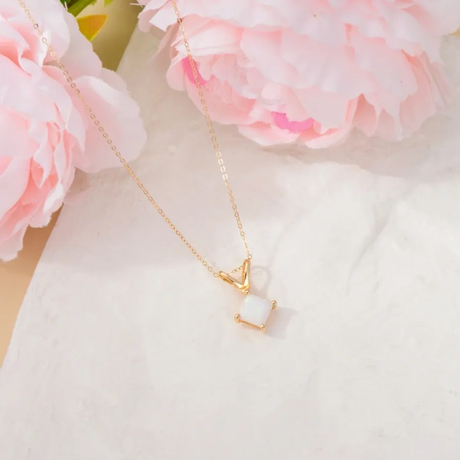 10K Gold Opal Square Pendant Necklace-4