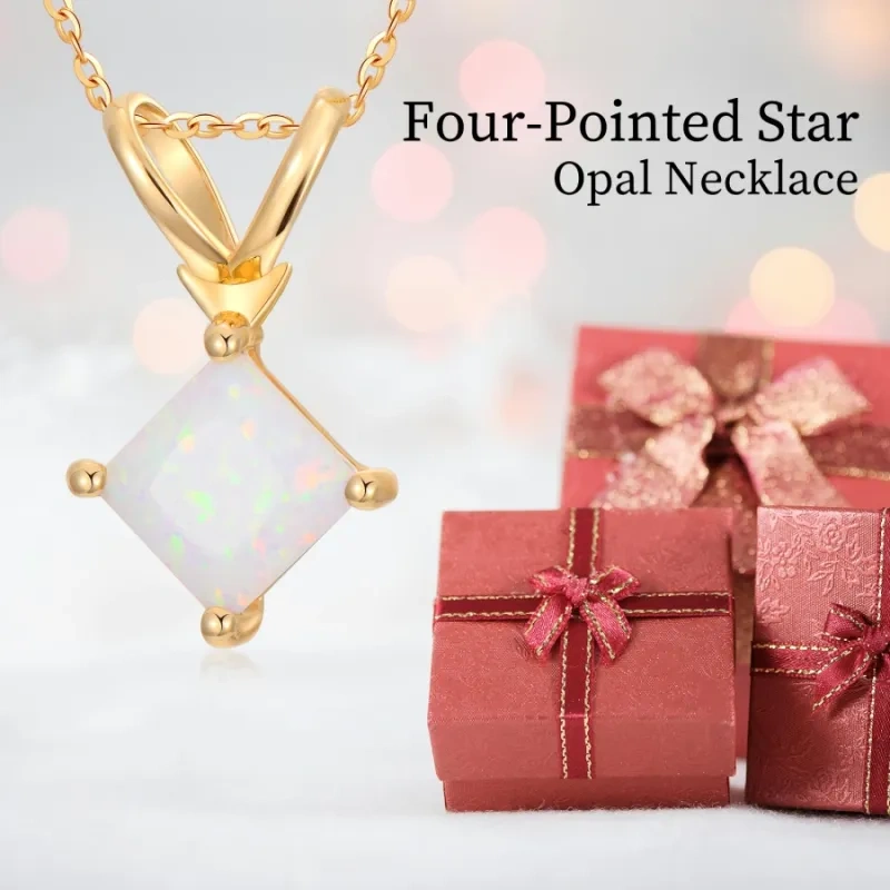 10K Gold Opal Square Pendant Necklace-6